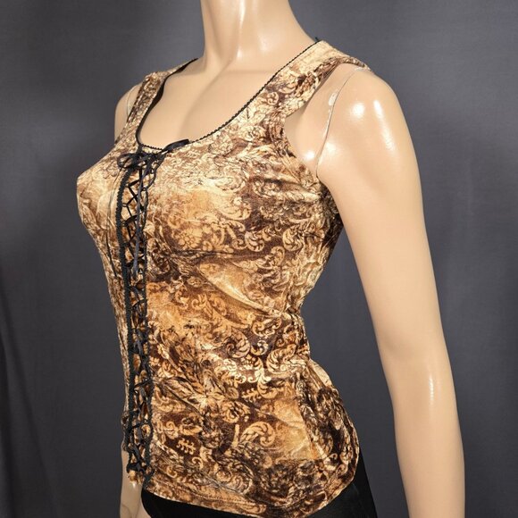 Vintage 90s Y2K Velvet Lace Up Top Brown Beige Paisley Fairy Grunge Size M - Picture 5 of 11